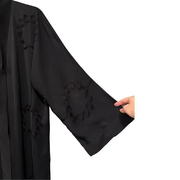 Vintage 70s Abaya Kimono Robe O/S Embroidered Longline Duster Jacket Black - Picture 6 of 11